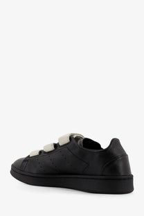 Black leather y-3 men’s stan smith sneaker with three white velcro straps and perforated detailing in grey