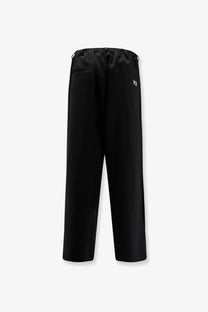 Black y-3 men’s su bball tapered recycled polyester trousers with drawstring waistband and white logo on back right thigh