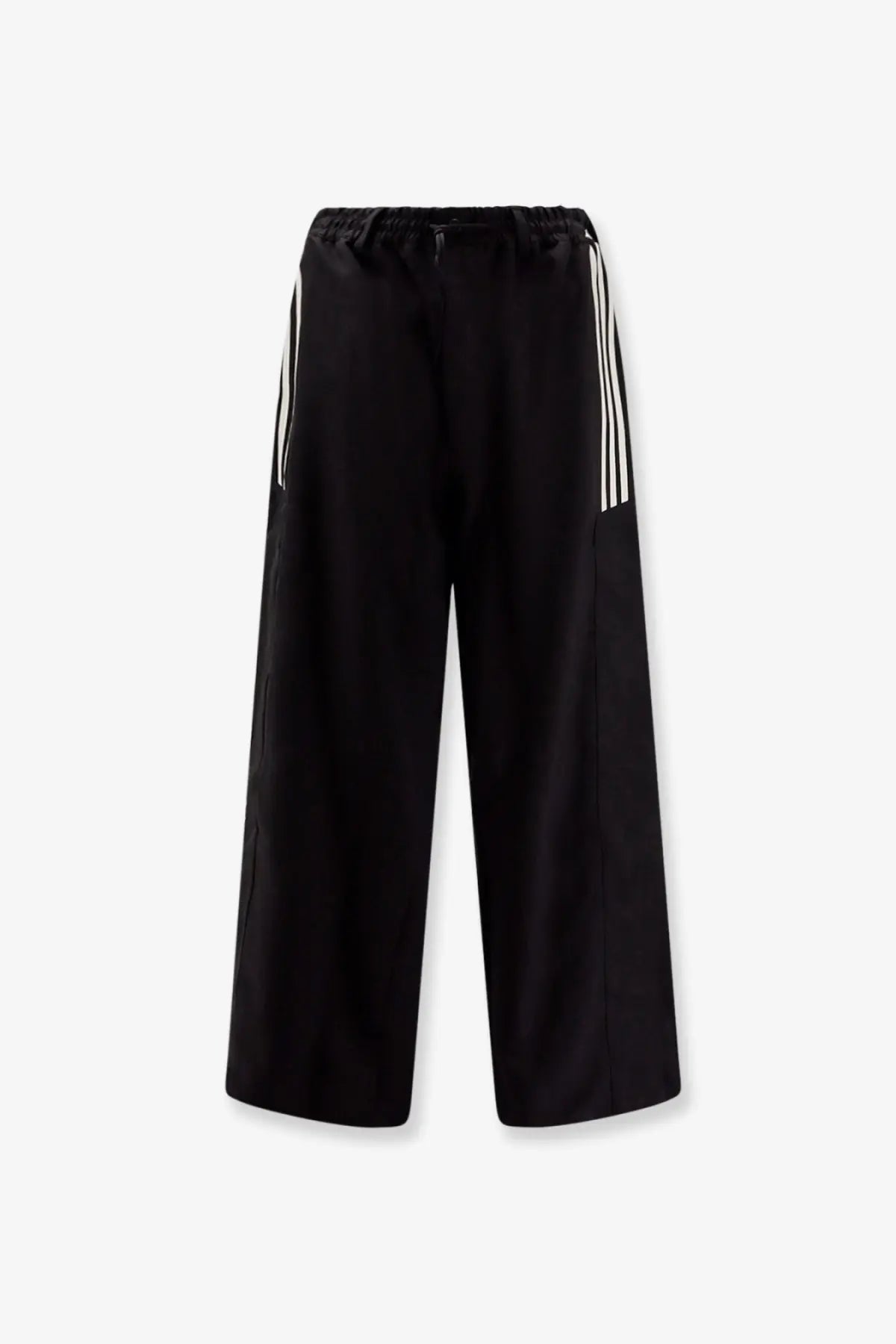 Black y-3 men’s su bball wide-leg track pants with white three-stripe detailing made from recycled polyester