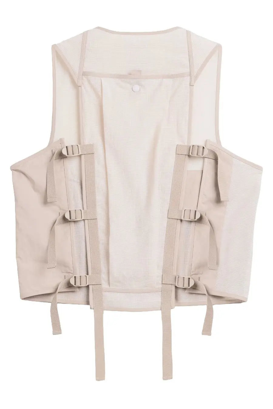 Y-3 men’s beige utility vest with adjustable straps and buckle closures designed for functional use