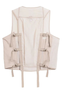 Y-3 men’s beige utility vest with adjustable straps and buckle closures designed for functional use