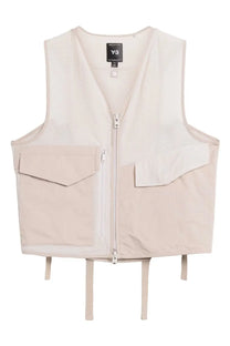 Y-3 men’s beige utility vest with central zipper, two front zip pockets, and adjustable bottom drawstrings