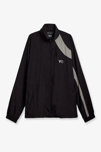 Black y-3 men’s water repellent nylon zip-up jacket with gray diagonal stripes and white logo detailing