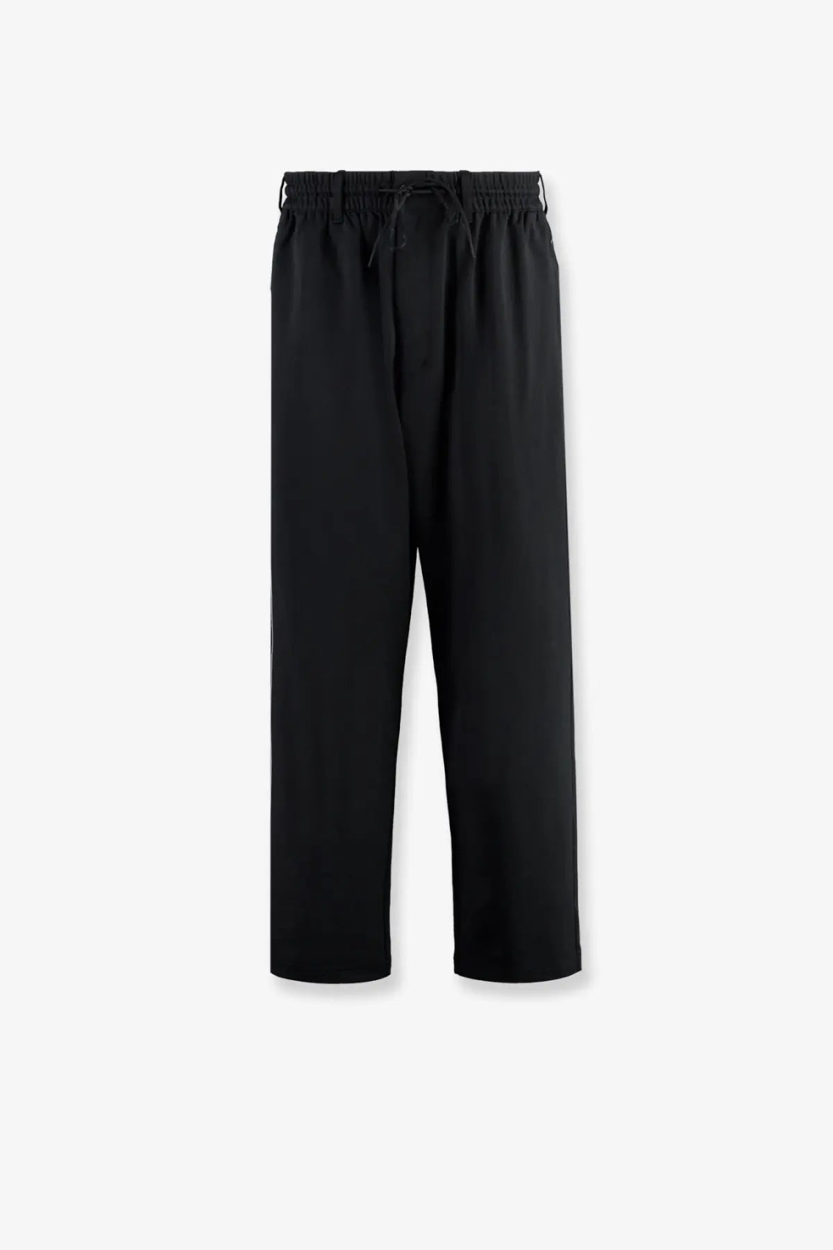 Black sleek wide-leg y-3 men’s wire pants with elastic waistband and drawstring made from recycled polyester