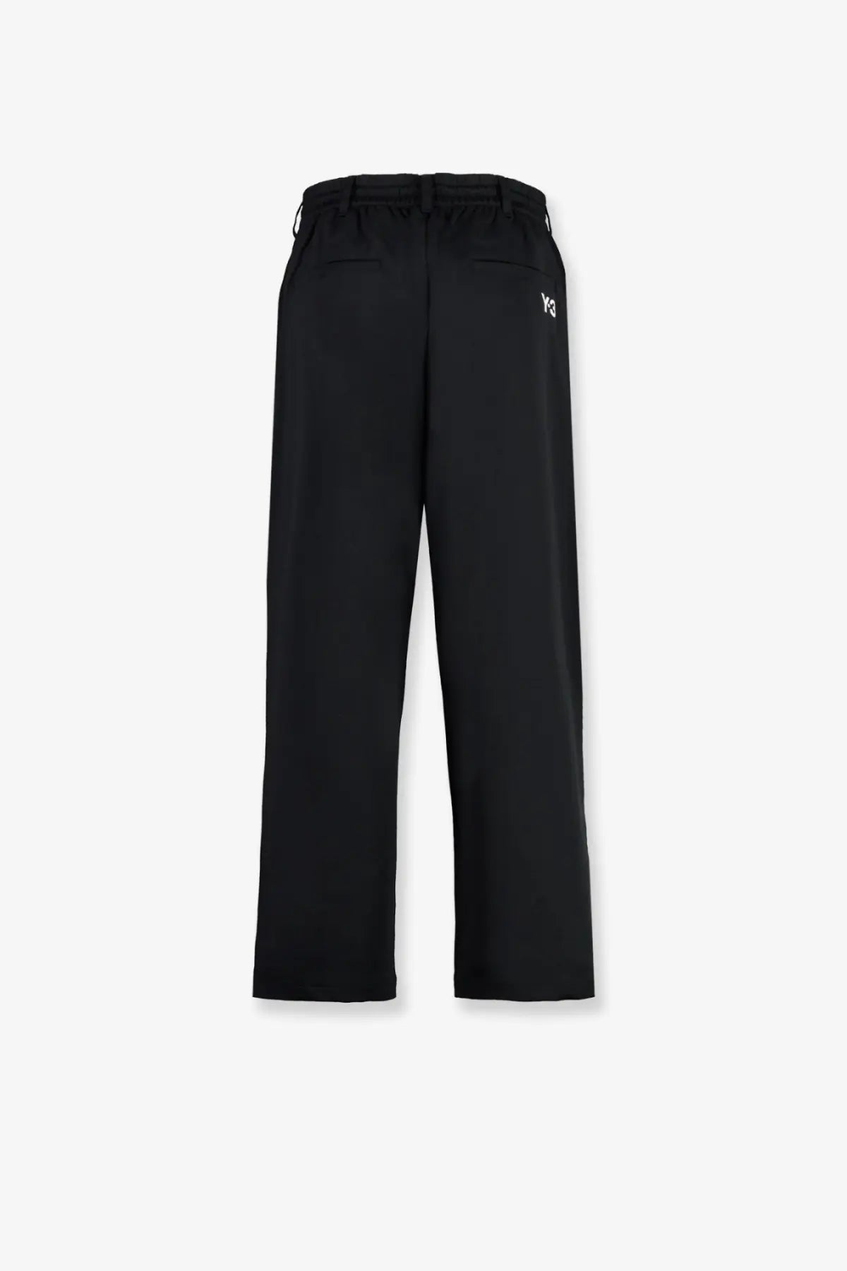 Black y-3 men’s wire tapered trousers in recycled polyester with a sleek design and subtle white logo on left thigh