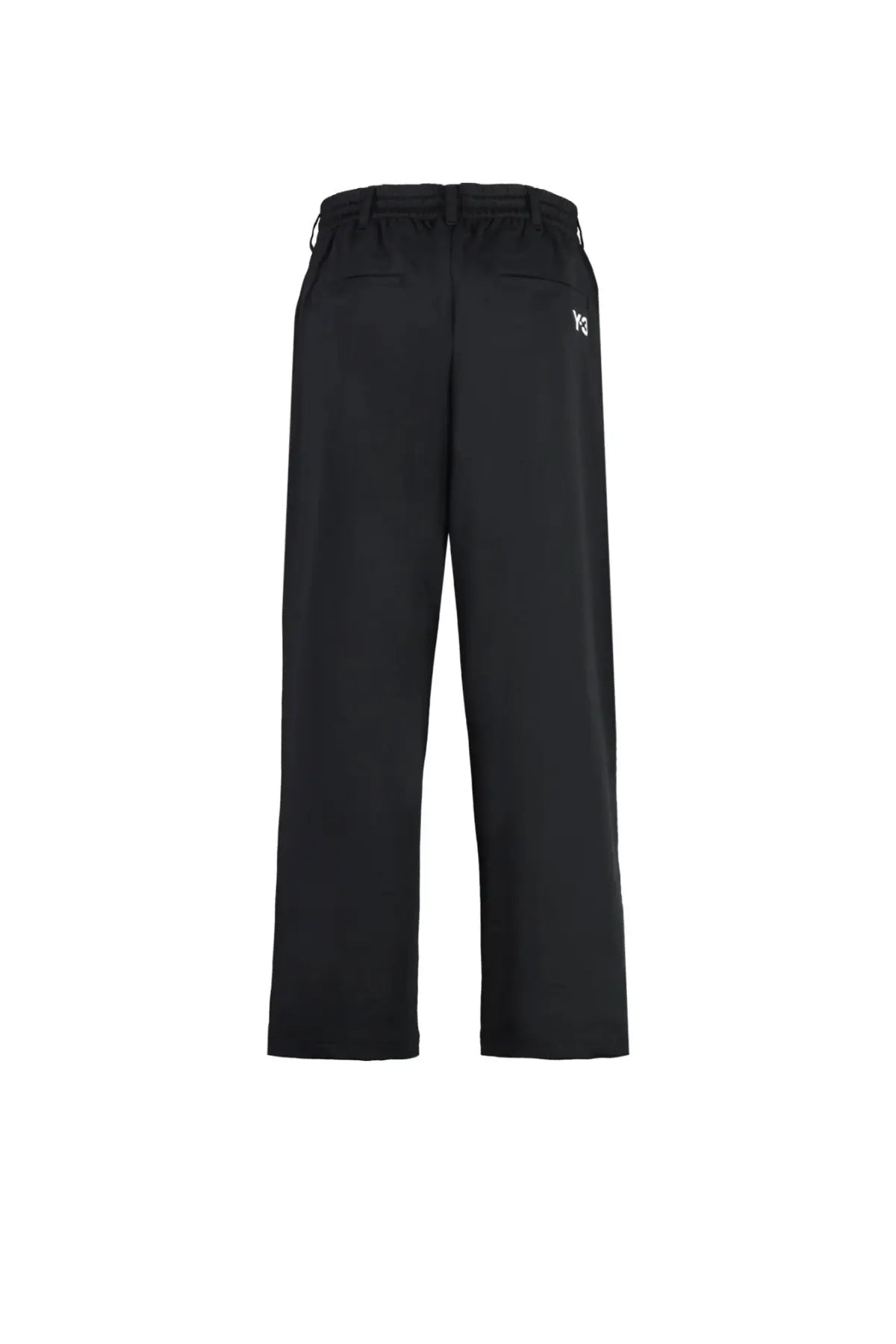 Black y-3 men’s wire pants recycled polyester wide-leg trousers with sleek design and subtle white logo on left thigh