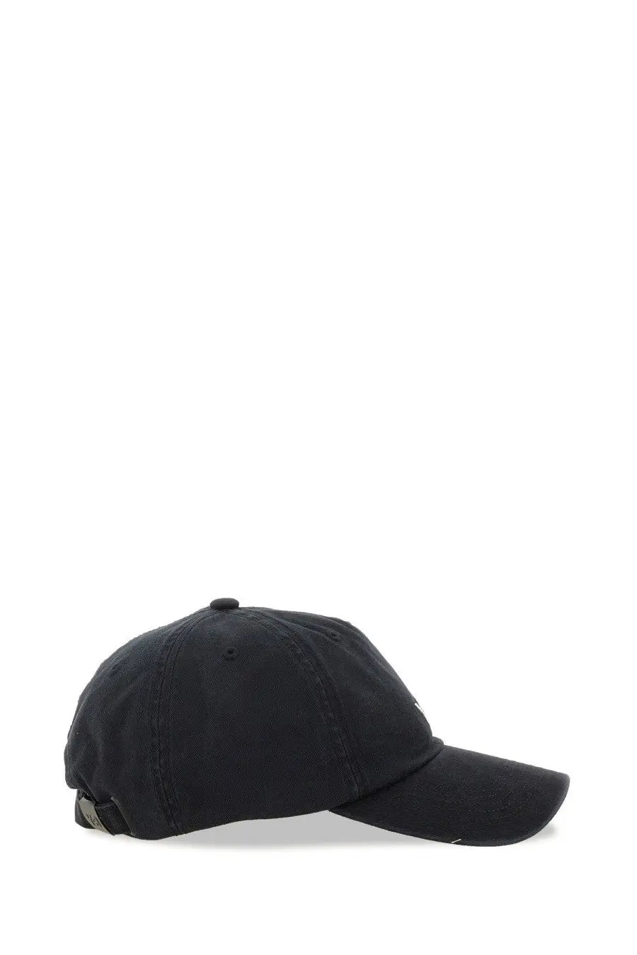 Y-3 unisex black denim baseball cap with curved brim and adjustable strap shown from the back side