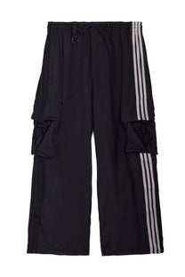 Y-3 unisex black cargo pants with three white stripes and multiple large pockets for functional streetwear