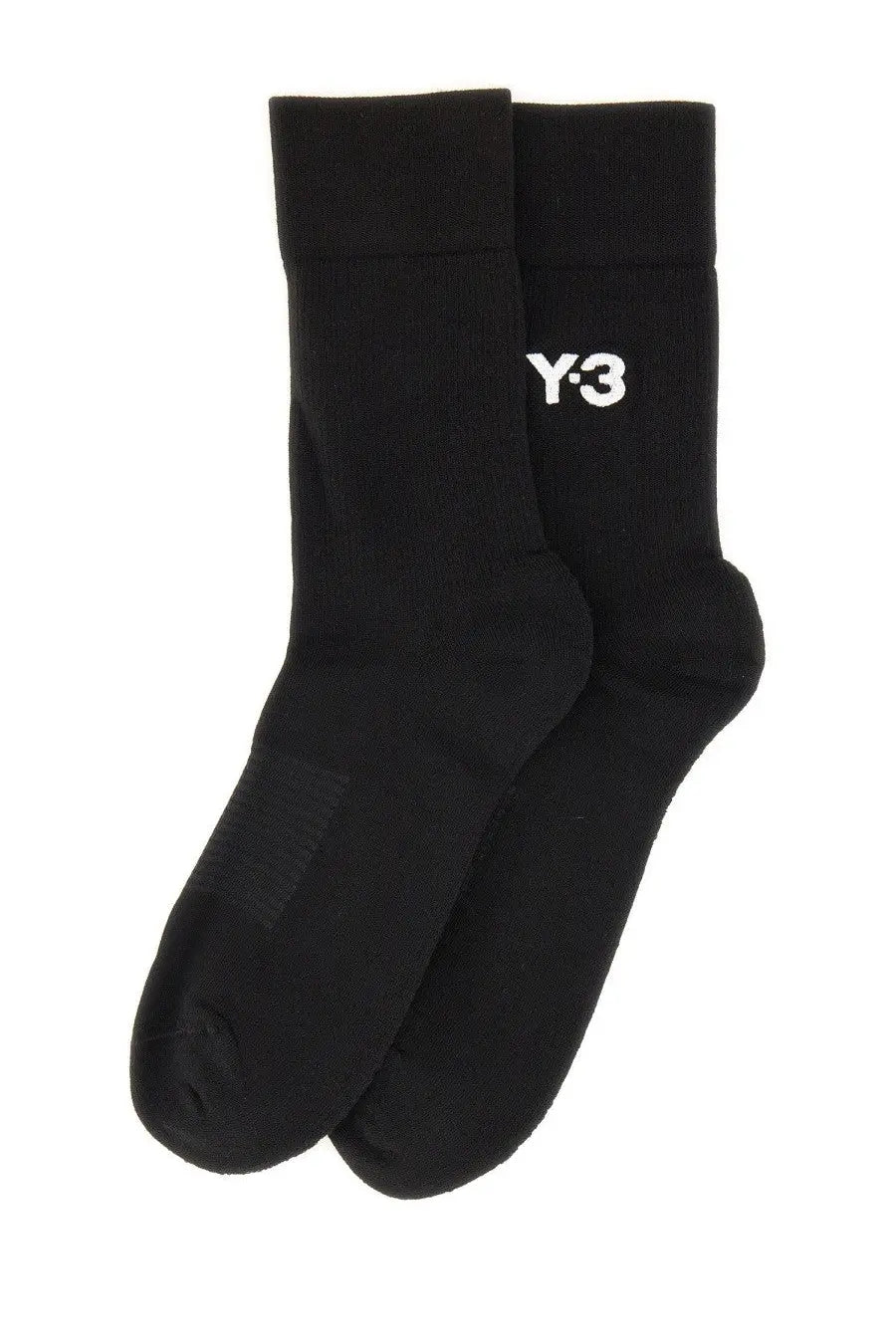 Black y-3 unisex classic crew socks featuring white embroidered logo on black cotton blend fabric for everyday wear