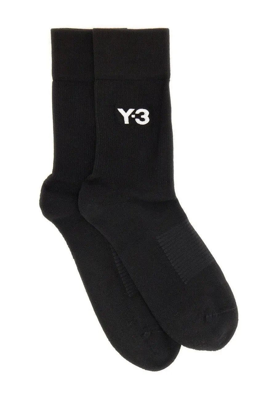 Black y-3 unisex classic crew socks with white embroidered logo on the cuff for everyday comfort and style