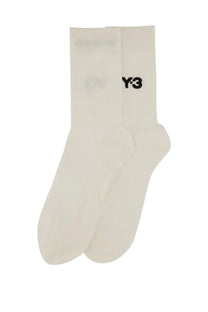 Cream-colored y-3 unisex classic crew socks with black logo on the side made of breathable cotton blend