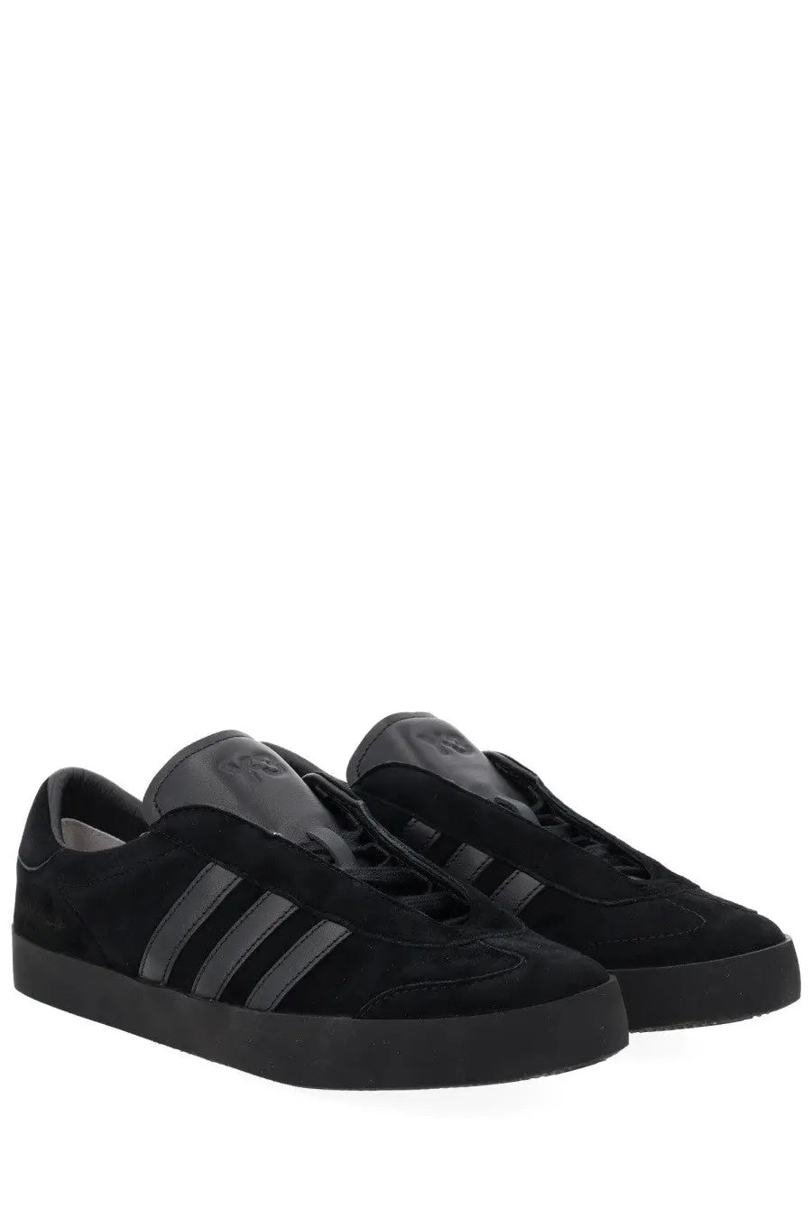 Black suede Y-3 unisex gazelle sneaker with matte black three stripes and matching rubber sole