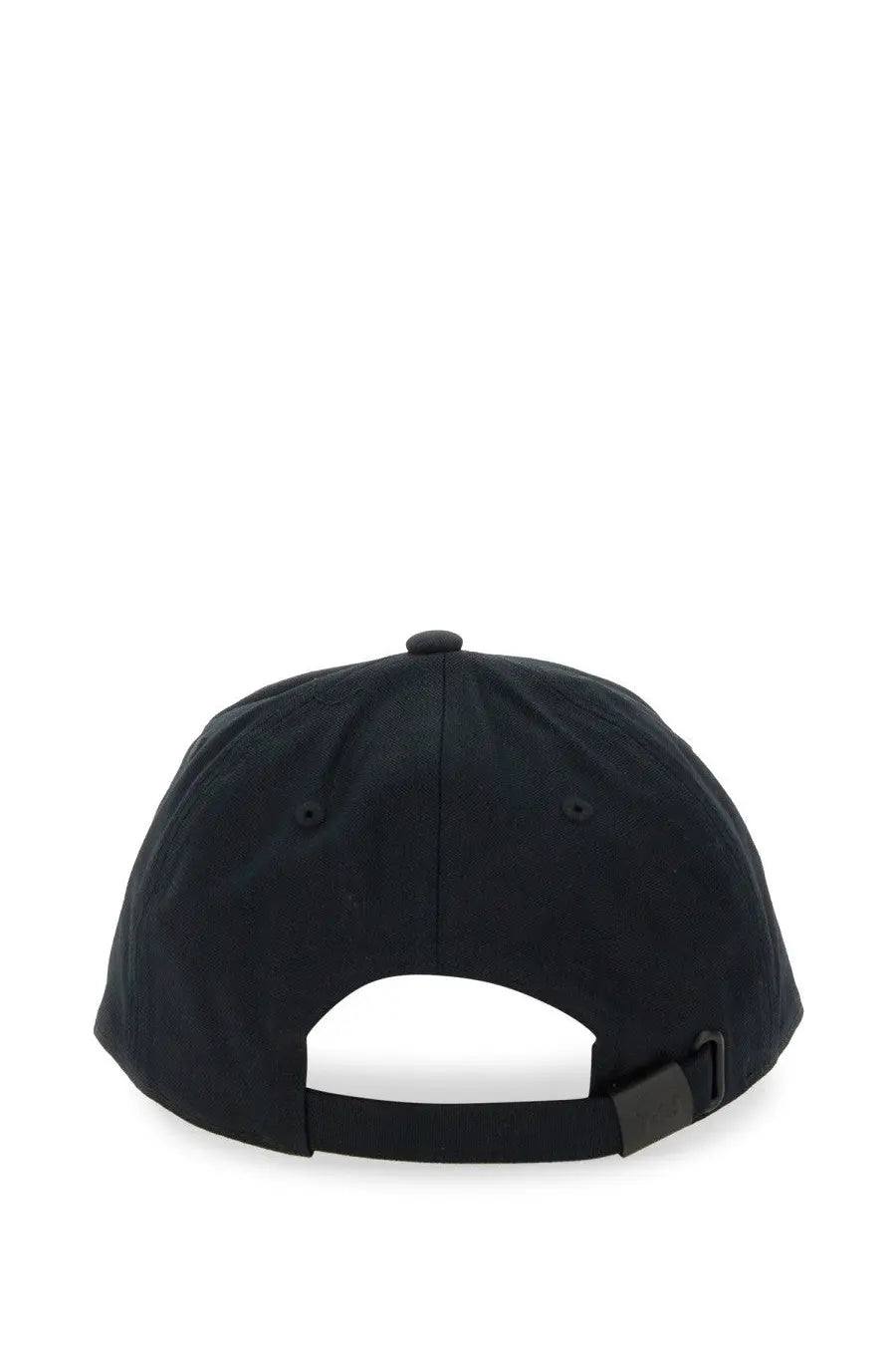 Black y-3 unisex baseball cap with a matte finish and adjustable strap shown from the back side