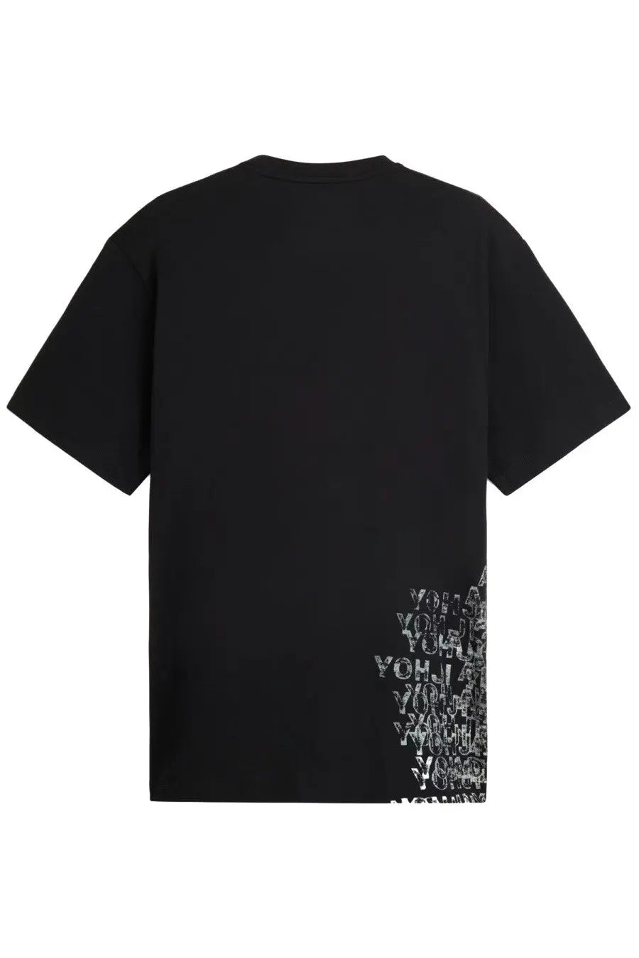 Y-3 unisex oversized black t-shirt with bold white repeating yohji text graphic on lower right side