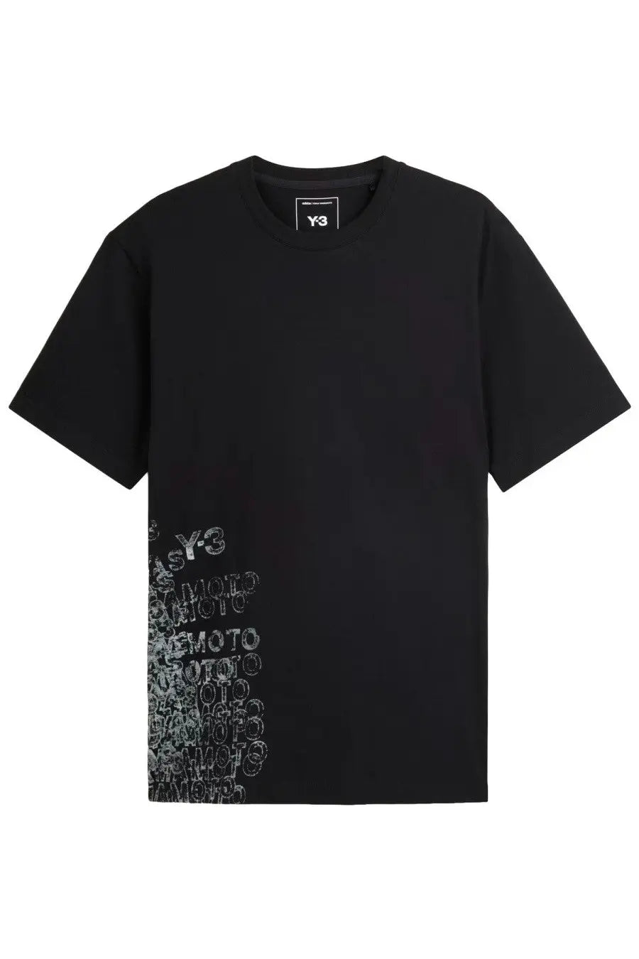 Black y-3 unisex shirt gfx with vertical white y3 and moto graphic print on the left side in comfortable cotton material