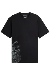 Black y-3 unisex shirt gfx with vertical white y3 and moto graphic print on the left side in comfortable cotton material