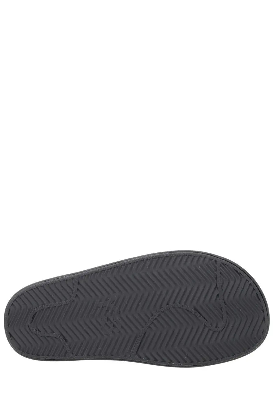 Black rubber sole with herringbone tread pattern of y-3 unisex slide con black sandal visible from the back side