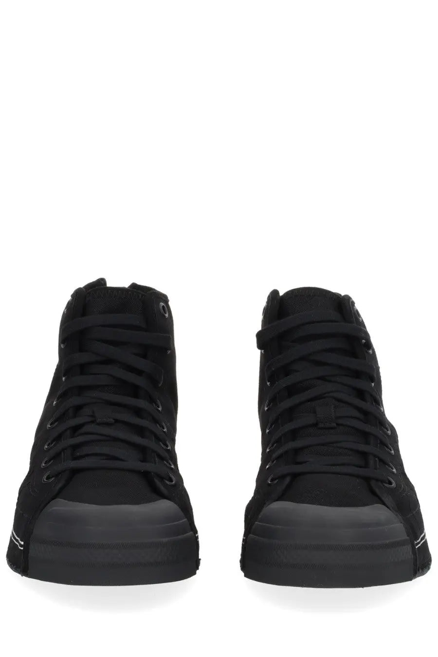 Black high-top y-3 unisex sneaker nizza neighborhood with matte canvas upper and rubber sole visible from the back side