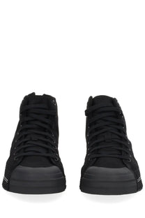 Black high-top y-3 unisex sneaker nizza neighborhood with matte canvas upper and rubber sole visible from the back side