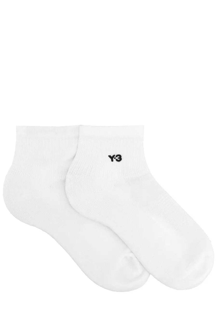 White y-3 unisex ankle socks with a small black logo on the side, made for comfortable everyday wear