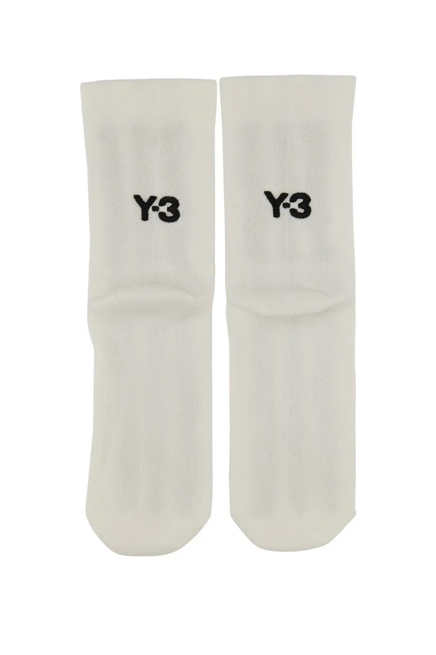 A pair of off-white y-3 unisex stripe crew socks with subtle ribbed texture and black embroidered logo on the ankle