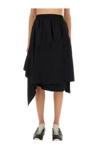 Black y-3 women’s asymmetrical skirt with high-waisted elastic band and layered flowing fabric detail