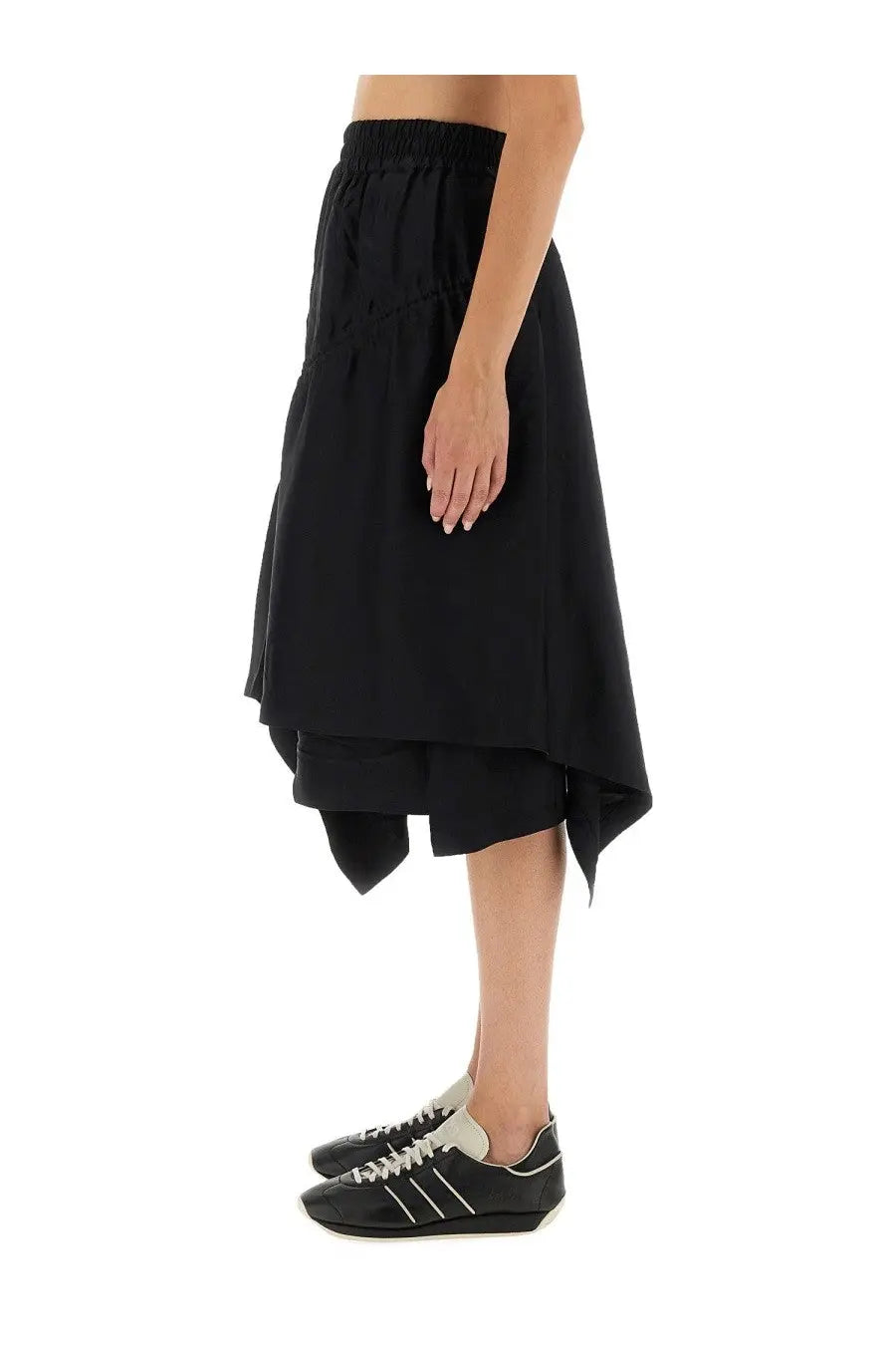 Y-3 women’s black asymmetrical skirt with layered flowing fabric and elastic waistband for stylish comfort