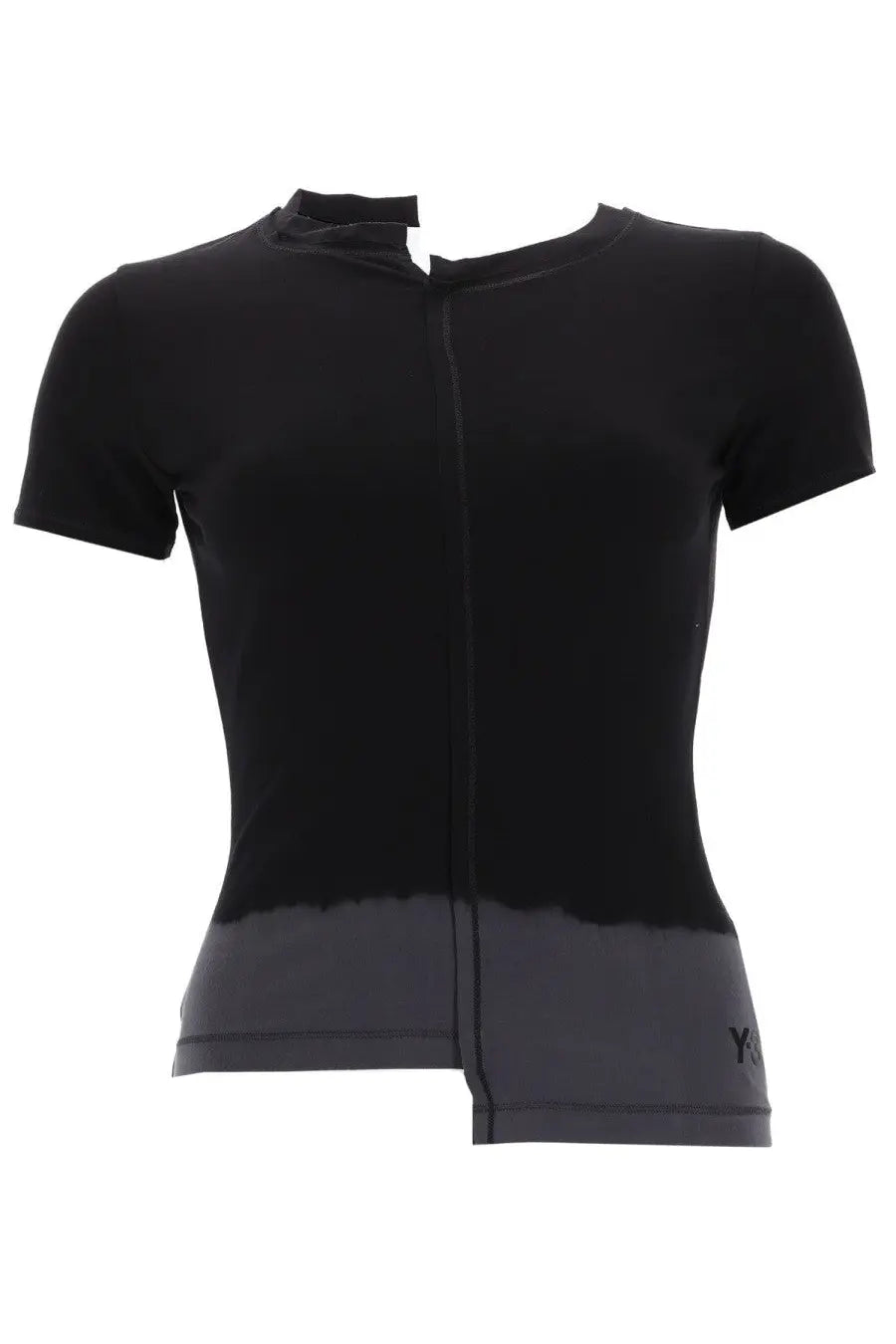 Y-3 women’s dip dye black short-sleeved crop top with front zipper and gradient fade to dark gray hem