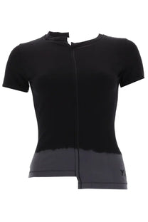 Y-3 women’s dip dye black short-sleeved crop top with front zipper and gradient fade to dark gray hem