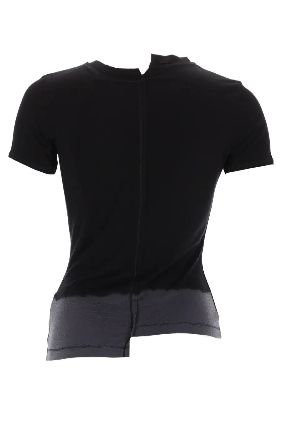 Y-3 women’s black short-sleeved shirt with high neckline and gray dip dye hem for casual wear