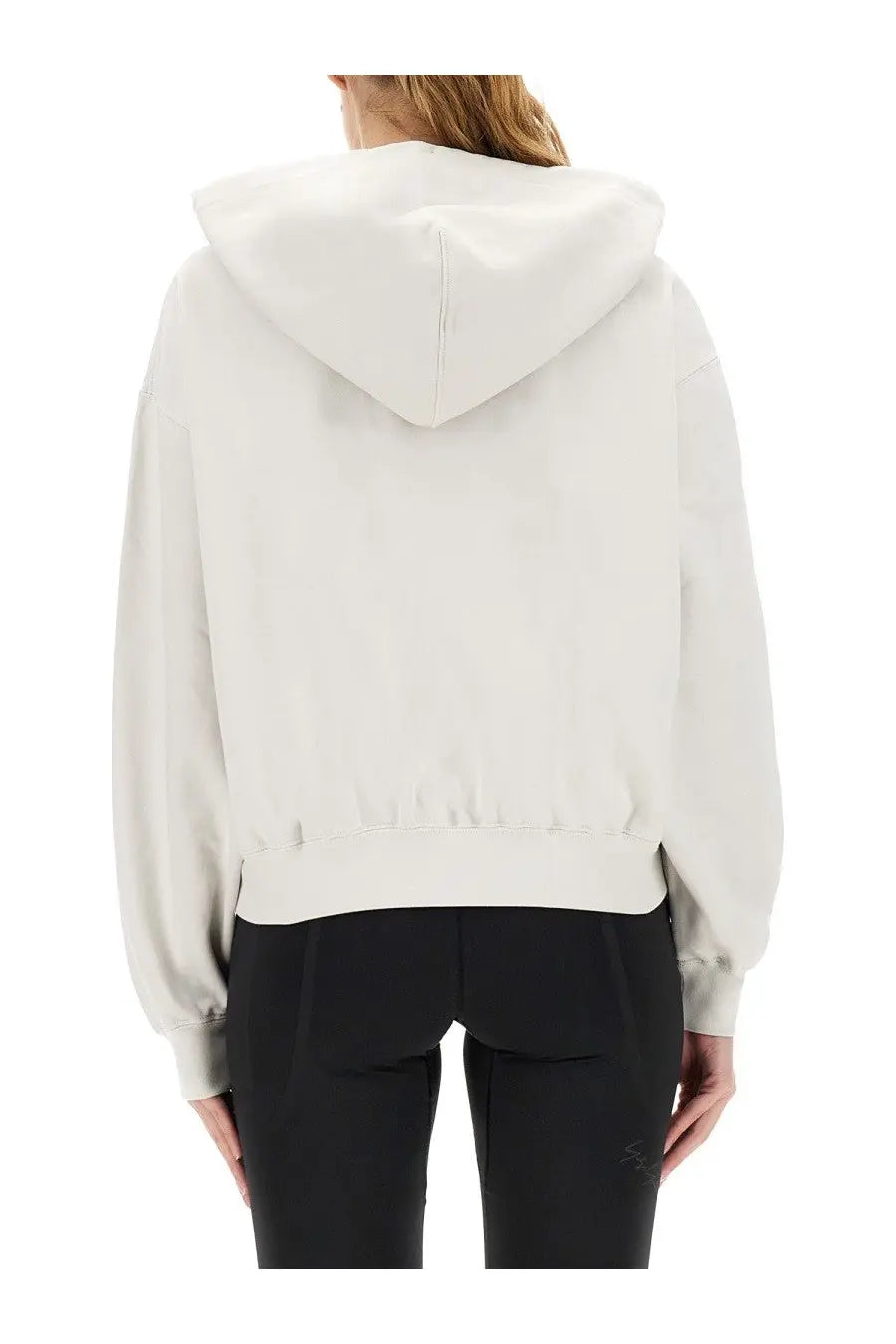 Off-white y-3 women’s cropped hoodie with relaxed fit and ribbed cuffs in white cotton blend for casual wear