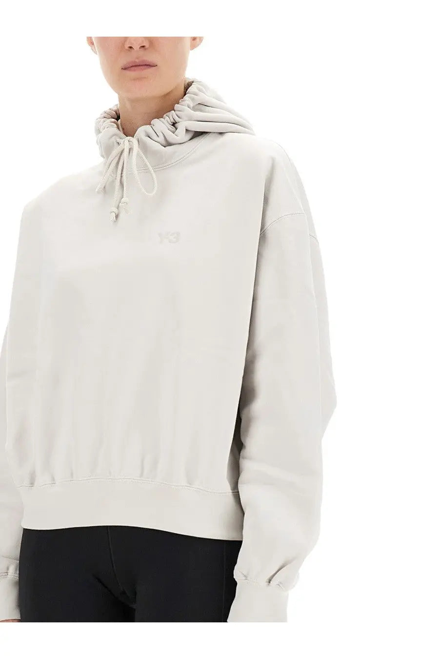 Y-3 women’s hooded sweatshirt in soft off-white with drawstring hood and subtle chest logo