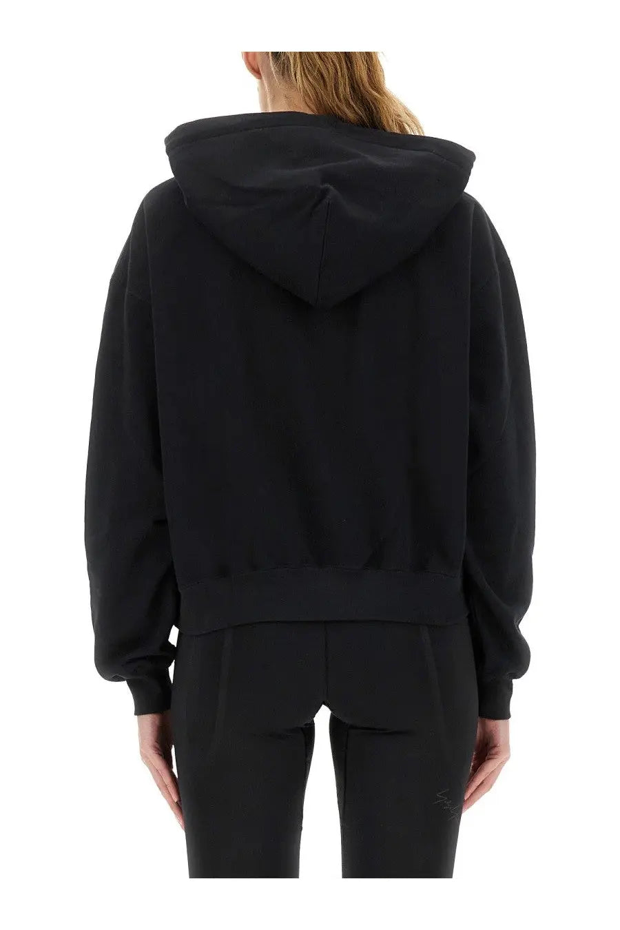 Y-3 women’s black cropped hoodie with relaxed fit and ribbed cuffs made from soft material for casual wear