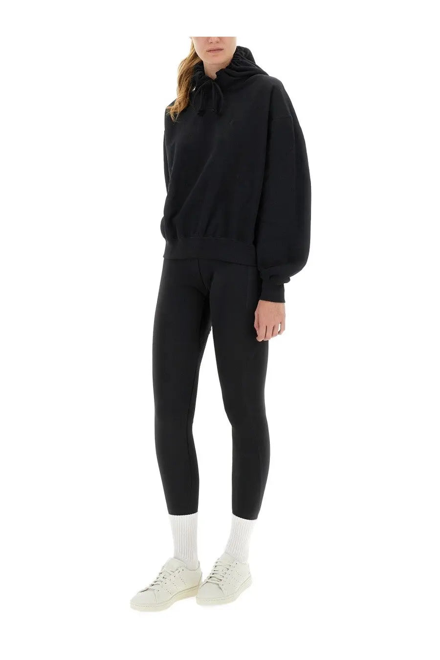 Y-3 women’s black oversized hoodie with drawstring hood and long sleeves made from soft cotton blend