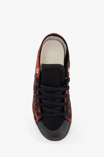 Red and black patterned y-3 women’s nizza lo canvas high-top sneaker with rubber toe cap