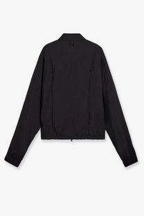 Black y-3 women’s nylon bomber jacket with subtle stitching and minimalist design shown from the back side