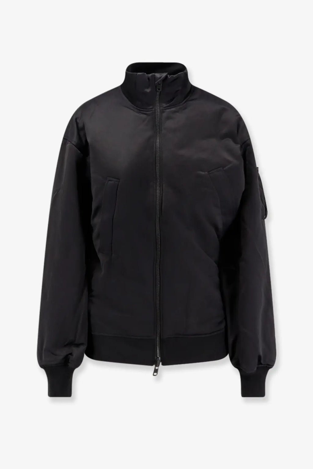 Y-3 women’s recycled nylon bomber jacket in black with matte finish and subtle quilted panels