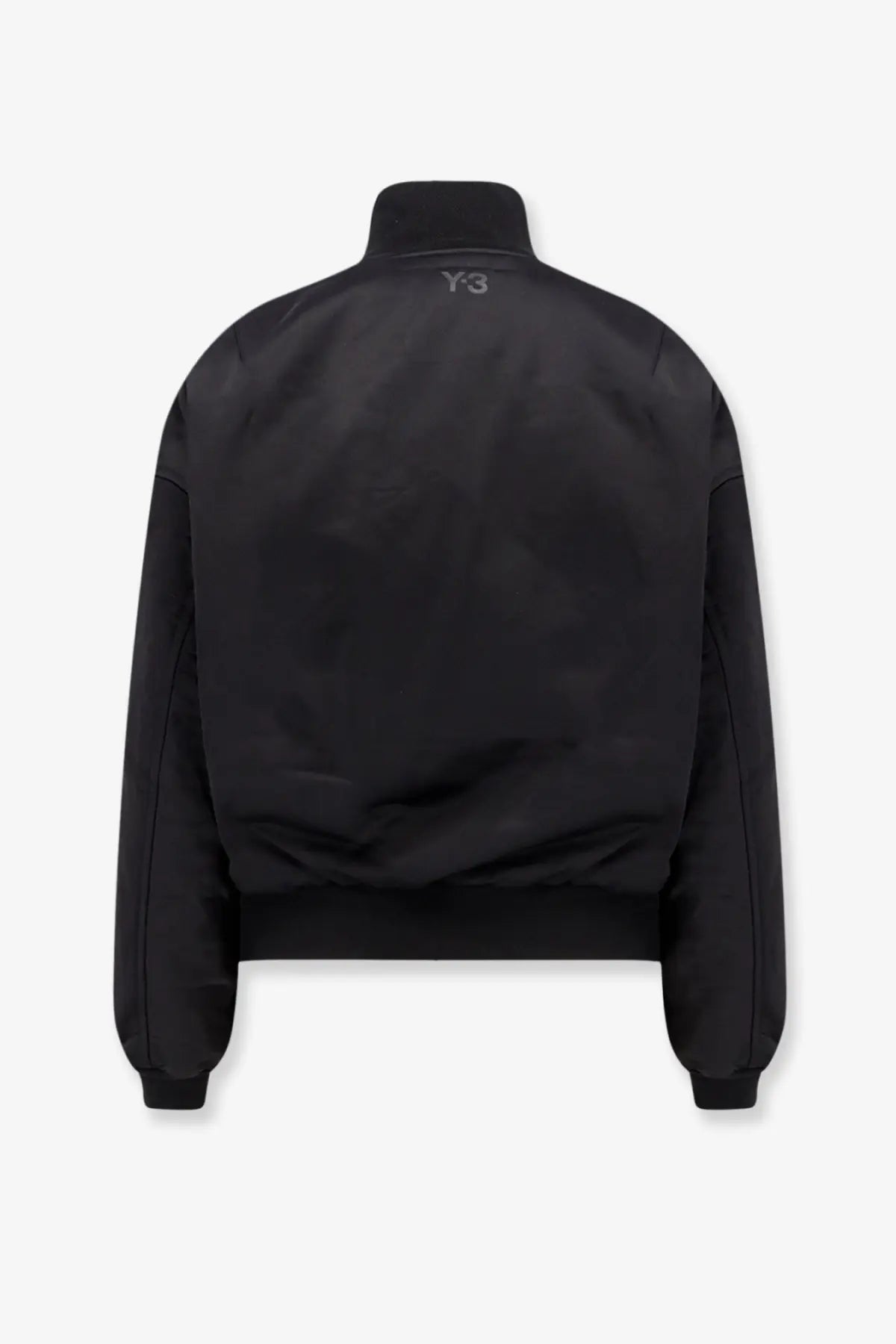 Y-3 women’s recycled nylon bomber jacket in black with sleek matte finish and subtle logo at the collar