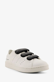 Y-3 women’s stan smith velcro leather sneaker in white with black straps and perforated detailing