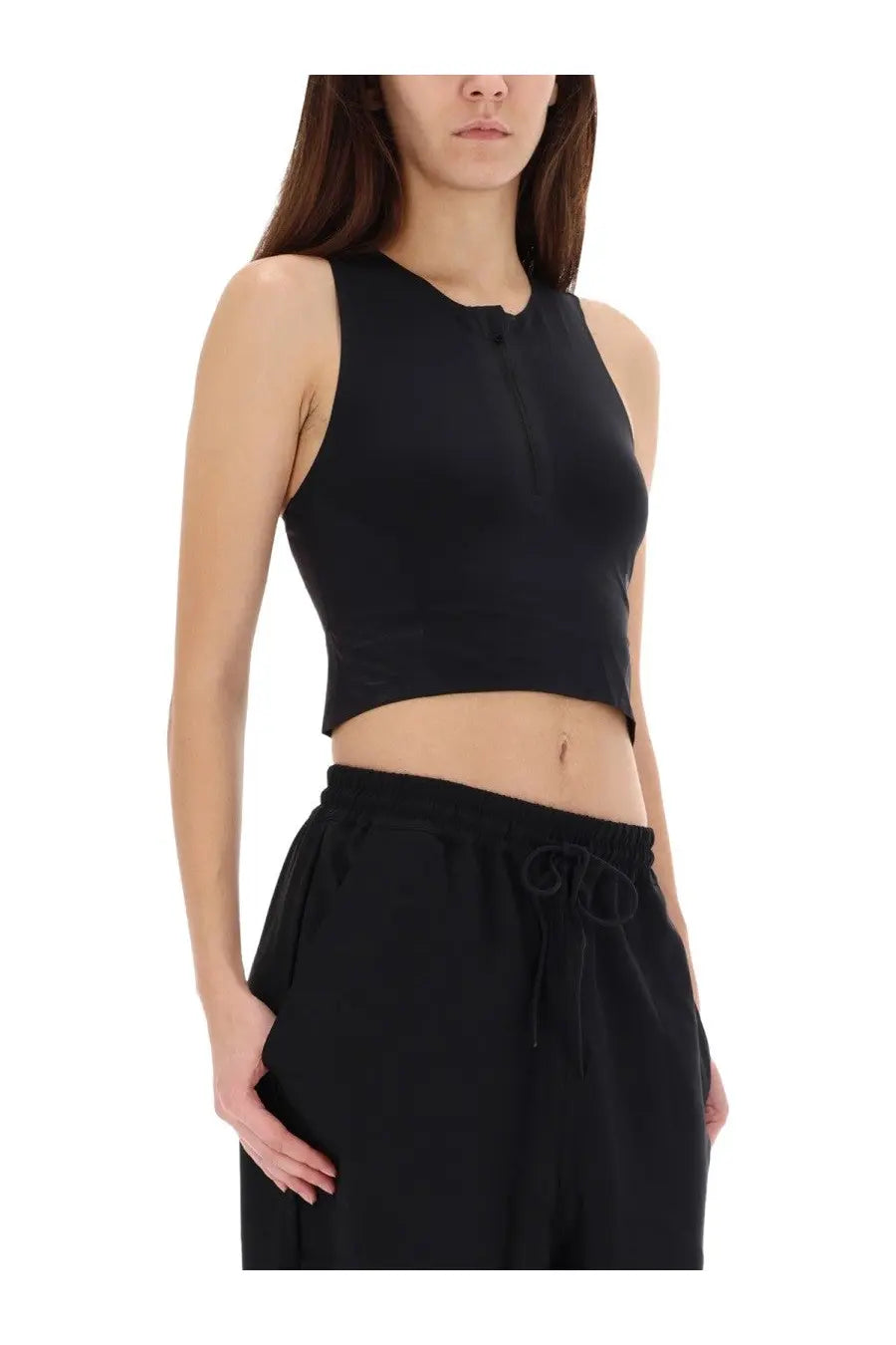 Y-3 women’s black sleeveless cropped top with buttoned neckline and relaxed fit for running and casual wear