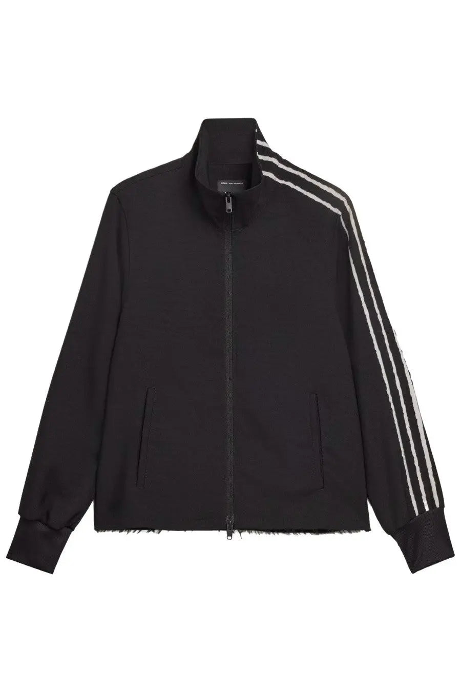 Y-3 women’s uniform raw sweatshirt black track jacket with three white stripes and frayed hem details