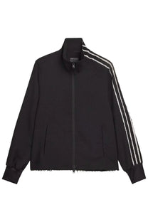 Y-3 women’s uniform raw sweatshirt black track jacket with three white stripes and frayed hem details