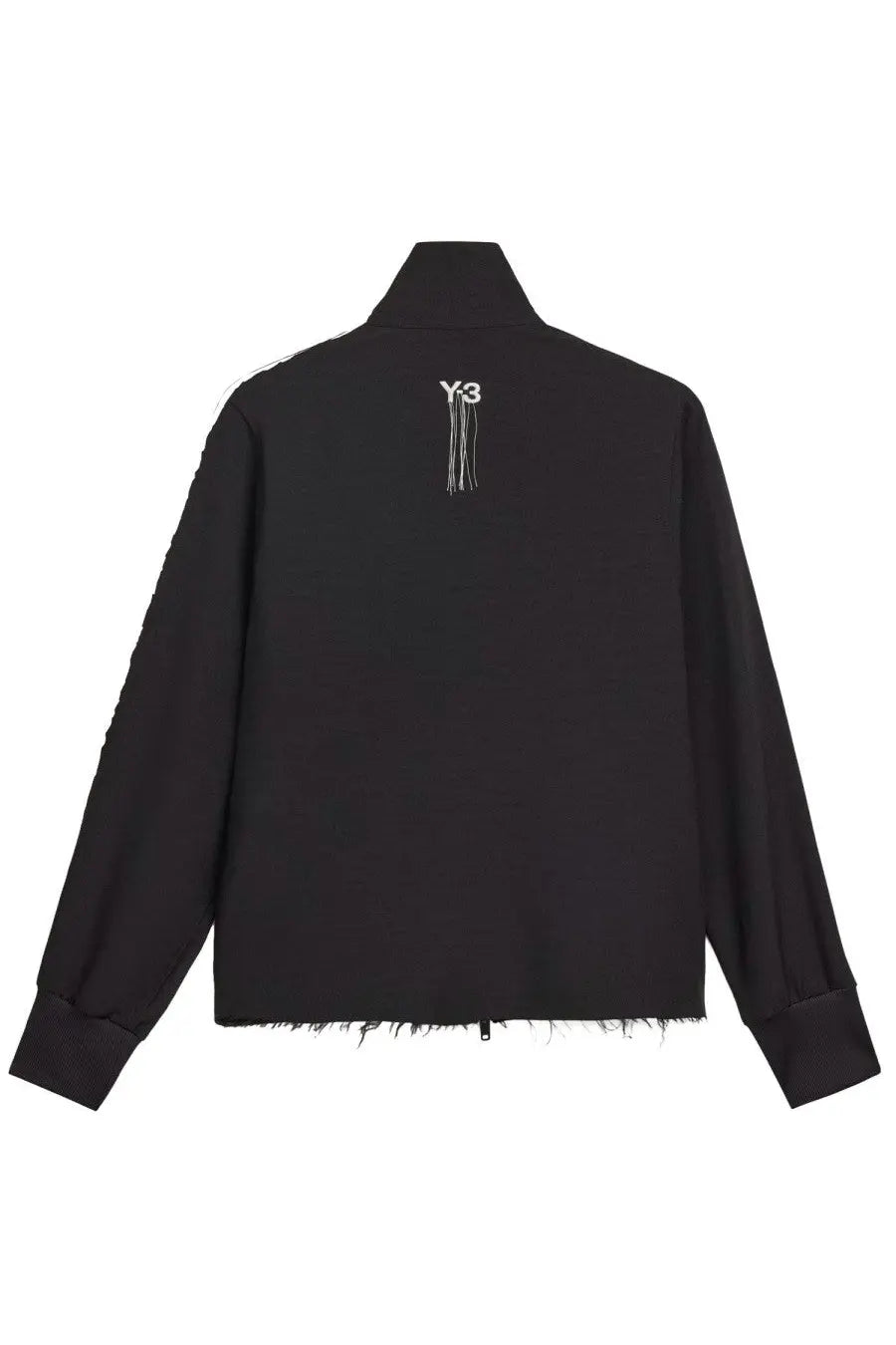 Black y-3 women’s uniform raw sweatshirt with white logo and frayed hem made from soft cotton blend material