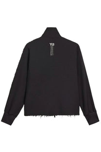 Black y-3 women’s uniform raw sweatshirt with white logo and frayed hem made from soft cotton blend material