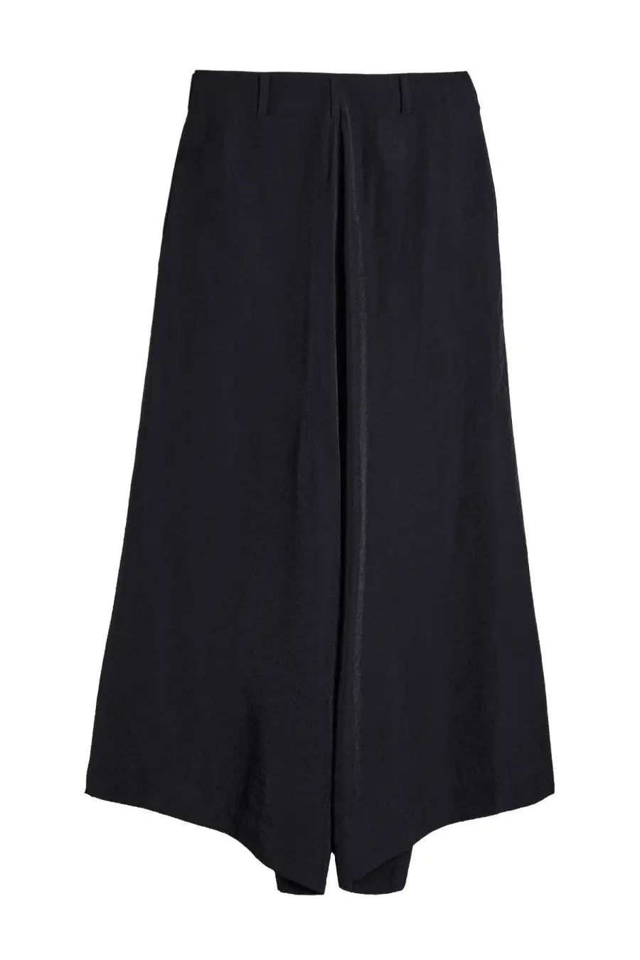 Black y-3 women’s wide pants with high waist, wide leg, sleek design, and asymmetrical hemline