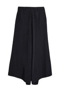 Black y-3 women’s wide pants with high waist, wide leg, sleek design, and asymmetrical hemline