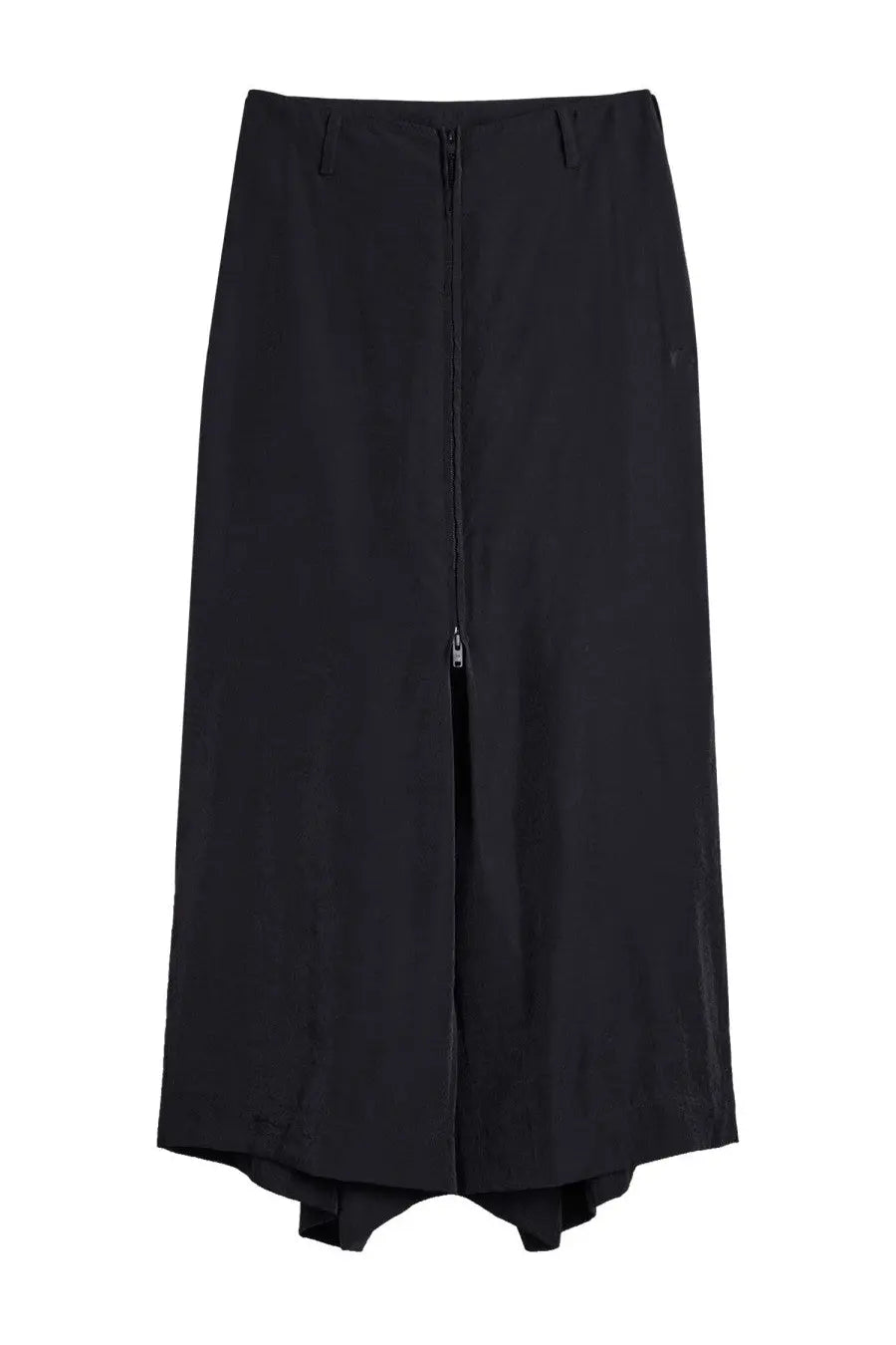 Black high-waisted skirt with central zipper and asymmetrical hemline displayed from the front