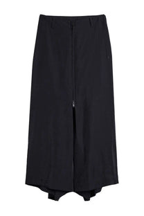 Black high-waisted skirt with central zipper and asymmetrical hemline displayed from the front