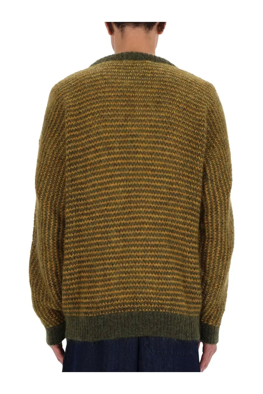 Ymc men’s black palm sweater green with olive and mustard striped knit and dark green ribbed cuffs and hem