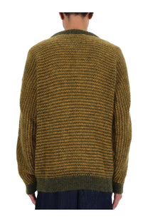 Ymc men’s black palm sweater green with olive and mustard striped knit and dark green ribbed cuffs and hem